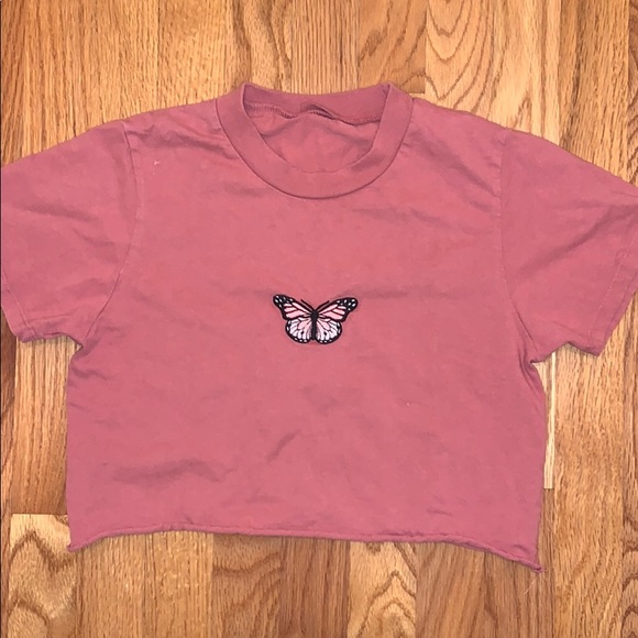 Brandy Melville Pink Butterfly Cropped Tee - Picture 1 of 3